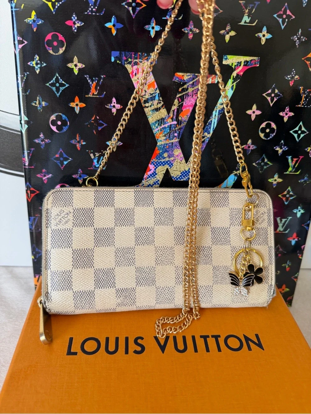 Louis Vuitton Authentic Damier Azur Zippy Long Wallet Purse with Chain